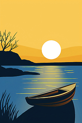 JPG 호수 일러스트 자연 하늘 풍경 사람없음 태양 노란색 일몰 풀잎 보트 국내일러스트 AI일러스트 AI콘텐츠 자연요소 컬러 잎 배_교통 노을 풀_식물 생태계 파일형식