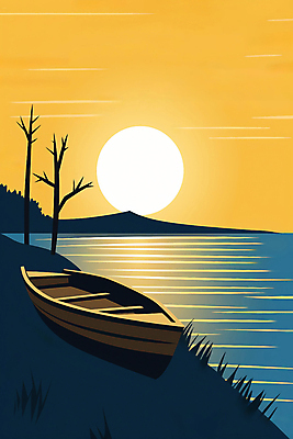 JPG 호수 일러스트 자연 하늘 풍경 사람없음 태양 노란색 일몰 풀잎 보트 국내일러스트 AI일러스트 AI콘텐츠 자연요소 컬러 잎 배_교통 노을 풀_식물 생태계 파일형식