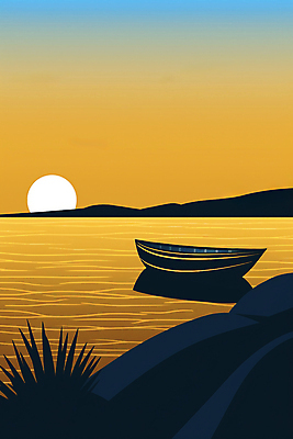 JPG 호수 일러스트 자연 하늘 풍경 사람없음 태양 노란색 일몰 풀잎 보트 국내일러스트 AI일러스트 AI콘텐츠 자연요소 컬러 잎 배_교통 노을 풀_식물 생태계 파일형식