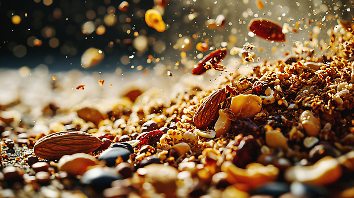 JPG 편집이미지 식재료 근접촬영 사람없음 아웃포커스 다양 파편 소프트포커스 디지털합성 영양 땅콩 호두 아몬드 건포도 생동감 캐슈넛 해바라기씨 편집소스 편집실사 AI포토 AI콘텐츠 뷰포인트 다수 포도 촬영기법 씨앗 견과류 CG 건과일 파일형식