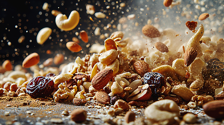 JPG 편집이미지 식재료 근접촬영 사람없음 아웃포커스 다양 파편 소프트포커스 디지털합성 영양 땅콩 호두 아몬드 건포도 생동감 캐슈넛 해바라기씨 편집소스 편집실사 AI포토 AI콘텐츠 뷰포인트 다수 포도 촬영기법 씨앗 견과류 CG 건과일 파일형식