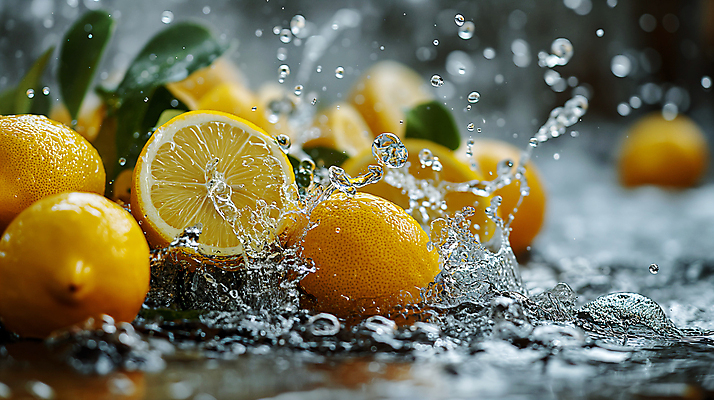 JPG 편집이미지 잎 사람없음 물 노란색 물방울 신선 수분 레몬 디지털합성 상쾌 생동감 싱그러움 스플래쉬 편집소스 편집실사 AI포토 AI콘텐츠 자연요소 식물 감정 컬러 과일 CG 파일형식