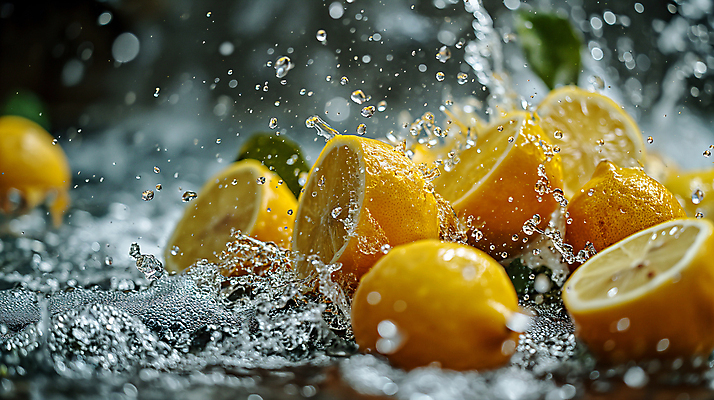 JPG 편집이미지 사람없음 물 노란색 물방울 신선 수분 레몬 디지털합성 상쾌 생동감 싱그러움 스플래쉬 편집소스 편집실사 AI포토 AI콘텐츠 자연요소 감정 컬러 과일 CG 파일형식