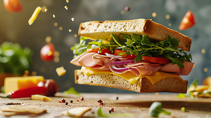 JPG 편집이미지 음식 빵 토마토 양파 치즈 샌드위치 사람없음 공중 아웃포커스 소프트포커스 디지털합성 햄 생동감 편집소스 편집실사 AI포토 AI콘텐츠 채소 유제품 촬영기법 육류 CG 파일형식