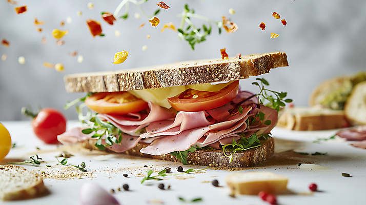 JPG 편집이미지 음식 빵 토마토 양파 치즈 샌드위치 사람없음 아웃포커스 소프트포커스 디지털합성 햄 생동감 편집소스 편집실사 AI포토 AI콘텐츠 채소 유제품 촬영기법 육류 CG 파일형식