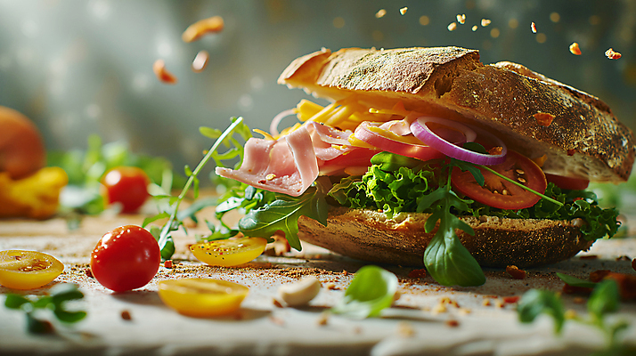 JPG 편집이미지 음식 빵 토마토 양파 치즈 샌드위치 사람없음 아웃포커스 소프트포커스 디지털합성 햄 생동감 편집소스 편집실사 AI포토 AI콘텐츠 채소 유제품 촬영기법 육류 CG 파일형식