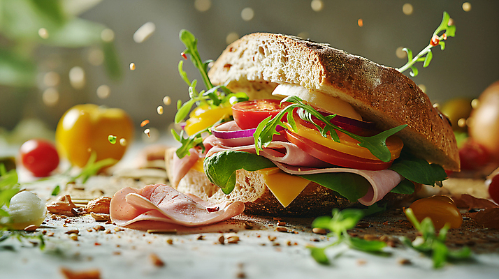 JPG 편집이미지 음식 빵 토마토 양파 치즈 샌드위치 사람없음 아웃포커스 소프트포커스 디지털합성 햄 생동감 편집소스 편집실사 AI포토 AI콘텐츠 채소 유제품 촬영기법 육류 CG 파일형식