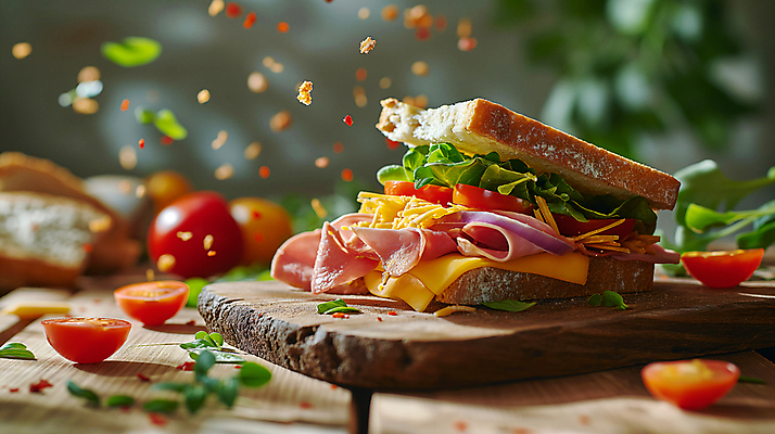 JPG 편집이미지 음식 빵 토마토 양파 치즈 샌드위치 사람없음 아웃포커스 소프트포커스 디지털합성 햄 생동감 편집소스 편집실사 AI포토 AI콘텐츠 채소 유제품 촬영기법 육류 CG 파일형식