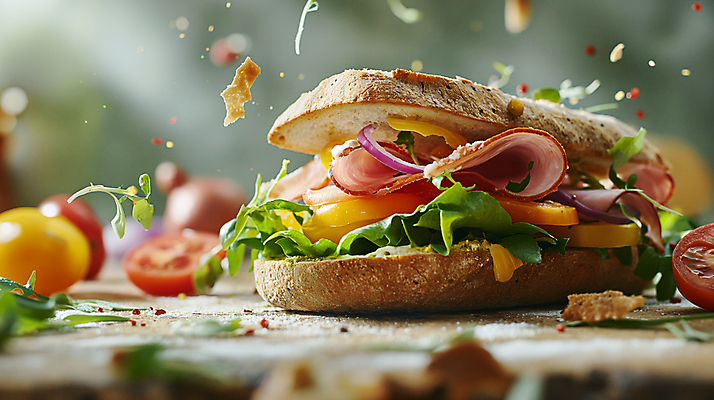 JPG 편집이미지 음식 빵 토마토 양파 치즈 샌드위치 사람없음 아웃포커스 소프트포커스 디지털합성 햄 생동감 편집소스 편집실사 AI포토 AI콘텐츠 채소 유제품 촬영기법 육류 CG 파일형식