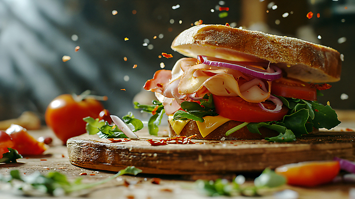 JPG 편집이미지 음식 빵 토마토 양파 치즈 샌드위치 사람없음 아웃포커스 소프트포커스 디지털합성 햄 나무도마 생동감 편집소스 편집실사 AI포토 AI콘텐츠 채소 유제품 도마 촬영기법 육류 목재 CG 파일형식