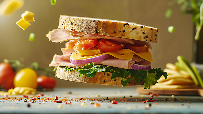 JPG 편집이미지 음식 빵 토마토 양파 치즈 샌드위치 사람없음 공중 아웃포커스 소프트포커스 디지털합성 햄 생동감 편집소스 편집실사 AI포토 AI콘텐츠 채소 유제품 촬영기법 육류 CG 파일형식