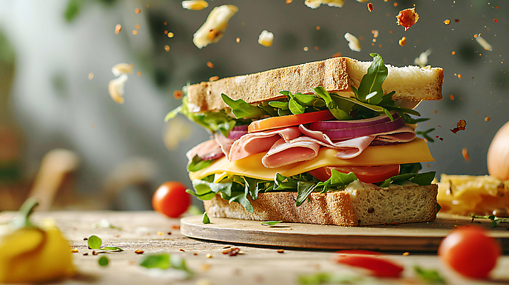 JPG 편집이미지 음식 빵 토마토 양파 치즈 샌드위치 사람없음 아웃포커스 소프트포커스 디지털합성 햄 나무도마 생동감 편집소스 편집실사 AI포토 AI콘텐츠 채소 유제품 도마 촬영기법 육류 목재 CG 파일형식