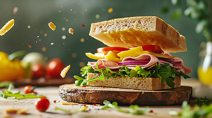 JPG 편집이미지 음식 빵 토마토 양파 치즈 샌드위치 사람없음 아웃포커스 소프트포커스 디지털합성 햄 나무도마 생동감 편집소스 편집실사 AI포토 AI콘텐츠 채소 유제품 도마 촬영기법 육류 목재 CG 파일형식