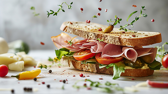 JPG 편집이미지 음식 빵 토마토 양파 치즈 샌드위치 사람없음 아웃포커스 소프트포커스 디지털합성 햄 생동감 편집소스 편집실사 AI포토 AI콘텐츠 채소 유제품 촬영기법 육류 CG 파일형식