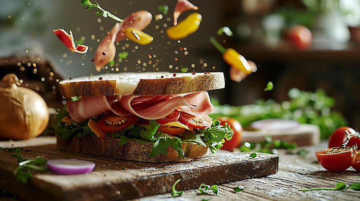 JPG 편집이미지 음식 빵 토마토 양파 치즈 샌드위치 사람없음 아웃포커스 소프트포커스 디지털합성 햄 나무도마 생동감 편집소스 편집실사 AI포토 AI콘텐츠 채소 유제품 도마 촬영기법 육류 목재 CG 파일형식