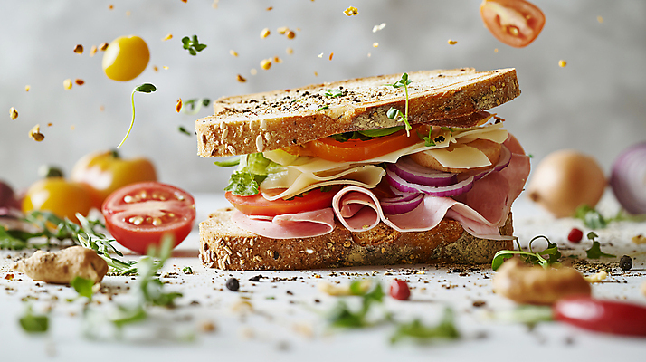 JPG 편집이미지 음식 빵 토마토 양파 치즈 샌드위치 사람없음 아웃포커스 소프트포커스 디지털합성 햄 생동감 편집소스 편집실사 AI포토 AI콘텐츠 채소 유제품 촬영기법 육류 CG 파일형식