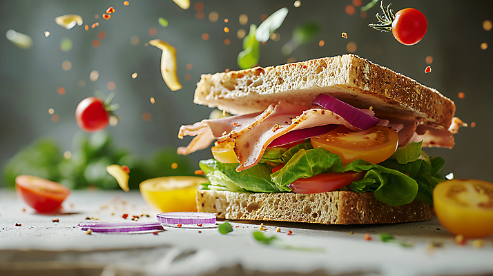 JPG 편집이미지 음식 빵 토마토 양파 치즈 샌드위치 사람없음 아웃포커스 소프트포커스 디지털합성 햄 생동감 편집소스 편집실사 AI포토 AI콘텐츠 채소 유제품 촬영기법 육류 CG 파일형식