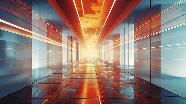 JPG 편집이미지 건축 백그라운드 유리 미래 조명 사람없음 내부 빛 반사 주황색 공간 복도 디지털합성 모던 편집소스 이미지편집 편집실사 AI컴퓨터그래픽 AI콘텐츠 컬러 컨셉 재질 CG 파일형식