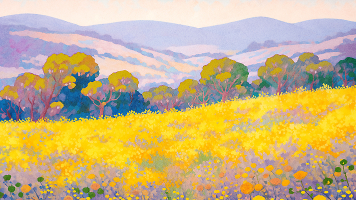 JPG 나무 꽃밭 일러스트 자연 산 풍경 초원 사람없음 봄 민들레 개나리 유채 산수유 유화 프리지어 한련화 국내일러스트 AI일러스트 AI콘텐츠 식물 계절 꽃 미술 생태계 파일형식