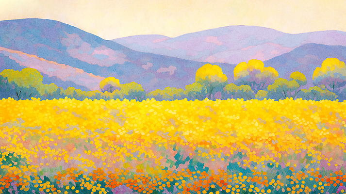 JPG 나무 꽃밭 일러스트 자연 하늘 산 풍경 초원 사람없음 봄 민들레 개나리 유채 산수유 유화 프리지어 한련화 국내일러스트 AI일러스트 AI콘텐츠 식물 계절 꽃 미술 생태계 파일형식