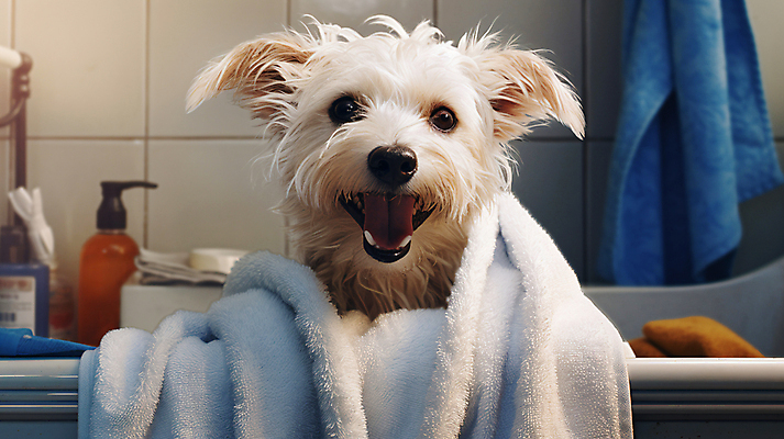 JPG 편집이미지 한마리 반려견 욕조 사람없음 수건 목욕 욕실 강아지 디지털합성 애견미용 편집실사 AI포토 AI콘텐츠 1 반려동물 위생용품 뷰티 청결 개 CG 파일형식