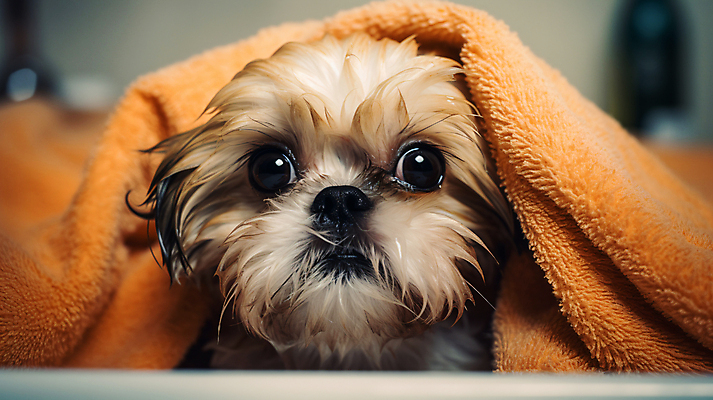 JPG 편집이미지 한마리 반려견 욕조 사람없음 수건 목욕 강아지 디지털합성 덮기 애견미용 편집실사 AI포토 AI콘텐츠 1 모션 반려동물 위생용품 뷰티 청결 개 CG 파일형식