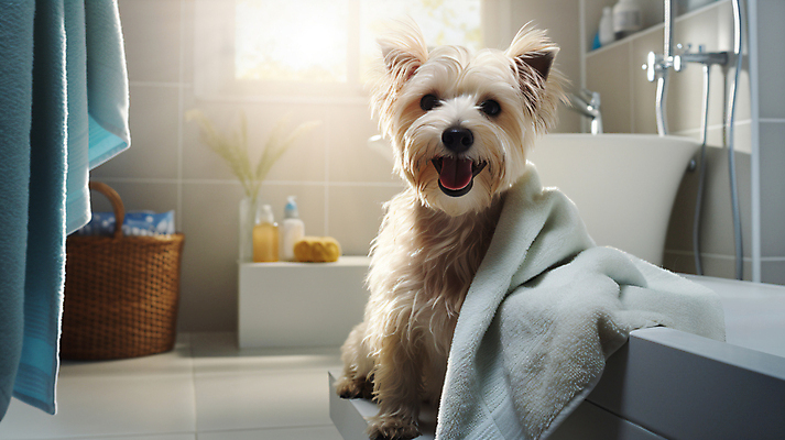 JPG 편집이미지 한마리 반려견 욕조 사람없음 수건 햇빛 목욕 욕실 강아지 디지털합성 덮기 애견미용 편집실사 AI포토 AI콘텐츠 1 모션 반려동물 위생용품 태양 뷰티 청결 개 CG 파일형식