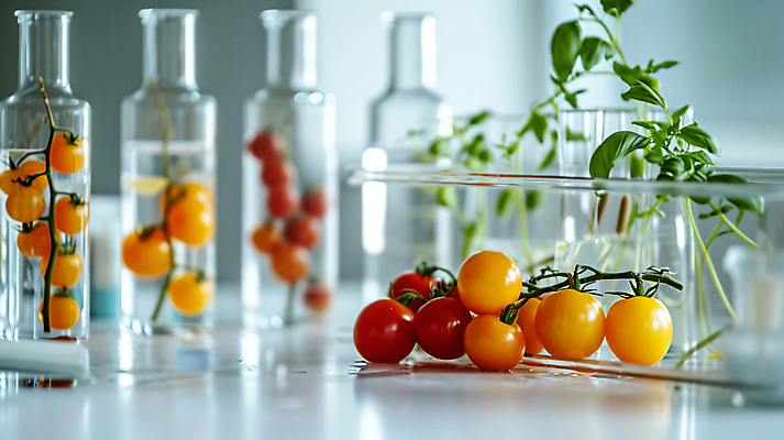 JPG 편집이미지 음식 채소 과일 방울토마토 유리병 실험 사람없음 실험실 디지털합성 개발 연구소 유전공학 유전자변형 변이 GMO 편집실사 AI포토 AI콘텐츠 토마토 병_용기 CG 공학 파일형식