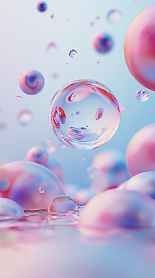JPG 편집이미지 분홍색 백그라운드 사람없음 파란색 반사 투명 비눗방울 디지털합성 그라데이션 블러효과 편집소스 편집실사 AI컴퓨터그래픽 AI콘텐츠 컬러 CG 블러 파일형식 효과