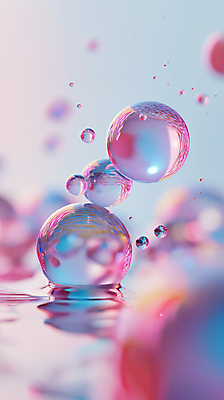 JPG 편집이미지 분홍색 백그라운드 사람없음 파란색 반사 투명 비눗방울 디지털합성 그라데이션 블러효과 편집소스 편집실사 AI컴퓨터그래픽 AI콘텐츠 컬러 CG 블러 파일형식 효과
