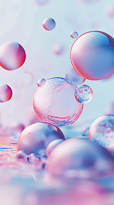 JPG 편집이미지 분홍색 백그라운드 사람없음 파란색 반사 투명 비눗방울 디지털합성 그라데이션 블러효과 편집소스 편집실사 AI컴퓨터그래픽 AI콘텐츠 컬러 CG 블러 파일형식 효과