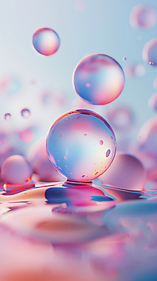 JPG 편집이미지 분홍색 백그라운드 사람없음 파란색 반사 투명 비눗방울 디지털합성 그라데이션 블러효과 편집소스 편집실사 AI컴퓨터그래픽 AI콘텐츠 컬러 CG 블러 파일형식 효과