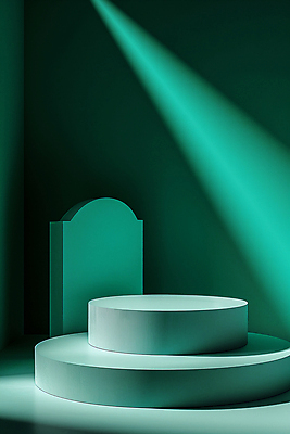 JPG 편집이미지 백그라운드 그림자 사람없음 초록색 빛 조형물 공간 원형 디지털합성 단상 민트색 포디움 편집소스 비어있는 편집실사 AI포토 AI콘텐츠 도형 컬러 미술 무대 CG 파일형식