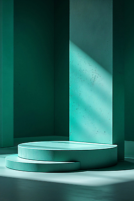 JPG 편집이미지 백그라운드 그림자 사람없음 초록색 빛 조형물 공간 원형 디지털합성 단상 민트색 포디움 편집소스 비어있는 편집실사 AI포토 AI콘텐츠 도형 컬러 미술 무대 CG 파일형식