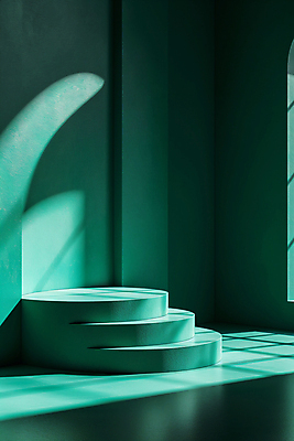 JPG 편집이미지 백그라운드 그림자 사람없음 초록색 빛 조형물 계단 공간 원형 디지털합성 단상 민트색 포디움 편집소스 비어있는 편집실사 AI포토 AI콘텐츠 도형 컬러 미술 무대 CG 파일형식