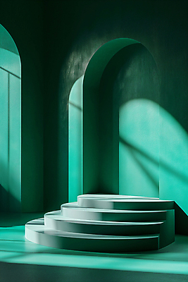 JPG 편집이미지 백그라운드 그림자 사람없음 초록색 빛 조형물 공간 원형 디지털합성 단상 민트색 포디움 편집소스 비어있는 편집실사 AI포토 AI콘텐츠 도형 컬러 미술 무대 CG 파일형식