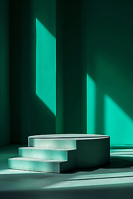 JPG 편집이미지 백그라운드 그림자 사람없음 초록색 빛 조형물 계단 공간 원형 디지털합성 단상 민트색 포디움 편집소스 비어있는 편집실사 AI포토 AI콘텐츠 도형 컬러 미술 무대 CG 파일형식