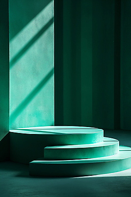 JPG 편집이미지 백그라운드 그림자 사람없음 초록색 빛 조형물 계단 공간 원형 디지털합성 단상 민트색 포디움 편집소스 비어있는 편집실사 AI포토 AI콘텐츠 도형 컬러 미술 무대 CG 파일형식