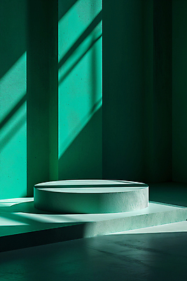 JPG 편집이미지 백그라운드 그림자 사람없음 초록색 빛 조형물 공간 원형 디지털합성 단상 민트색 포디움 편집소스 비어있는 편집실사 AI포토 AI콘텐츠 도형 컬러 미술 무대 CG 파일형식