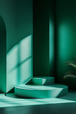 JPG 편집이미지 백그라운드 그림자 사람없음 초록색 빛 조형물 공간 원형 디지털합성 단상 민트색 포디움 편집소스 비어있는 편집실사 AI포토 AI콘텐츠 도형 컬러 미술 무대 CG 파일형식