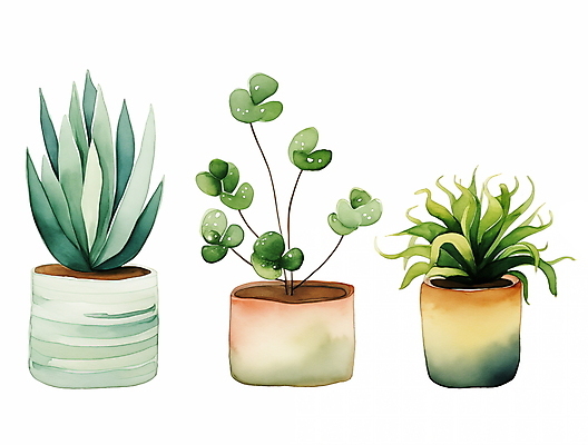 JPG 식물 화분 일러스트 붓터치 수채화 사람없음 오브젝트 일렬 보테니컬아트 국내일러스트 AI일러스트 AI콘텐츠 파일형식