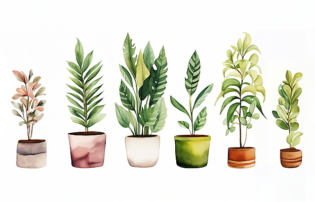 JPG 식물 화분 일러스트 붓터치 수채화 사람없음 오브젝트 일렬 보테니컬아트 국내일러스트 AI일러스트 AI콘텐츠 파일형식