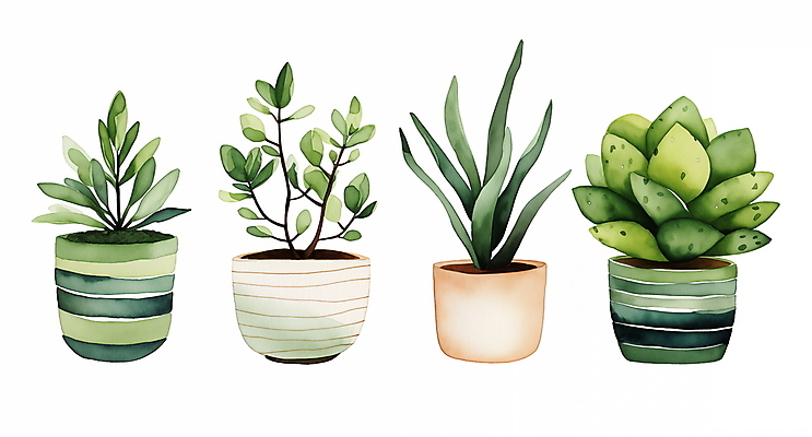 JPG 식물 화분 일러스트 붓터치 수채화 사람없음 오브젝트 일렬 보테니컬아트 국내일러스트 AI일러스트 AI콘텐츠 파일형식