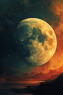 JPG 편집이미지 호수 백그라운드 밤하늘 사람없음 황혼 달 혼합 신비 디지털합성 편집소스 산맥 편집실사 AI컴퓨터그래픽 AI콘텐츠 자연요소 컨셉 하늘 산 일몰 야간 CG 파일형식