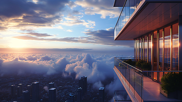 JPG 식물 구름 편집이미지 현대건축 하늘 풍경 사람없음 햇빛 고층빌딩 일몰 발코니 도시 고급 디지털합성 편집소스 편집실사 AI포토 AI콘텐츠 자연요소 건축 컨셉 빌딩 태양 노을 CG 파일형식