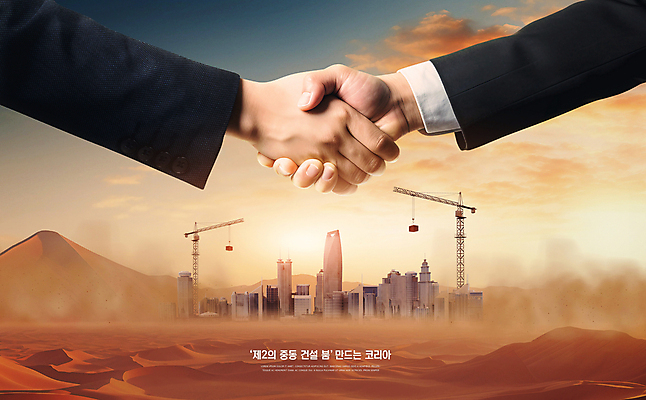 PSD 편집이미지 손 건축 비즈니스 중동 하늘 악수 건설업 공사 빌딩 건물 신체부위 노을 손잡기 거래 건설현장 사막 도시 중장비 기중기 먼지 타워크레인 이미지편집 자연요소 건축물 나라 산업 모션 사람 손짓 산업장비 파일형식