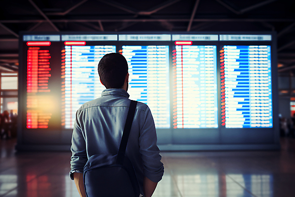 JPG 편집이미지 남자 여행 가방 한명 서기 상반신 성인 뒷모습 기다림 공항 전광판 성인남자한명만 편집실사 AI인물포토 AI콘텐츠 1 잡화 뷰포인트 교통시설 모션 사람 CG 남자한명만 성인남자만 파일형식 AI포토