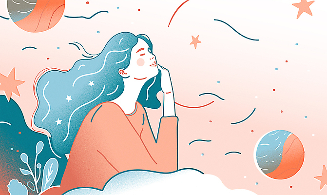 여자 별 분홍색 일러스트 한명 상반신 성인 파란색 눈감음 달 야간 라인아트 명상 감성 숙면 성인여자한명만 국내일러스트 AI파일 자연요소 1 선 컬러 컨셉 모션 사람 잠 여자한명만 성인여자만 파일형식 벡터