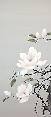 PSD 전통 백그라운드 일러스트 붓터치 나뭇잎 수묵화 사람없음 회색 흰색 나뭇가지 동양화 목련 국내일러스트 나무 꽃 컬러 잎 미술 파일형식