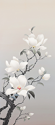 PSD 전통 백그라운드 일러스트 붓터치 나뭇잎 수묵화 사람없음 회색 흰색 나뭇가지 동양화 목련 국내일러스트 나무 꽃 컬러 잎 미술 파일형식